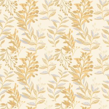 elegante botánico modelo presentando estilizado frondoso ramas y suave ornamental follaje en calentar beige y apagado tonos, creando un delicado sin costura natural antecedentes vector
