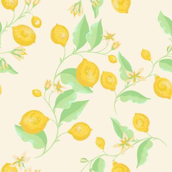 Seamless pattern with bright yellow lemons, fresh green leaves and delicate blossoms on a light cream background. Soft textured details create a lively, summery botanical design vector