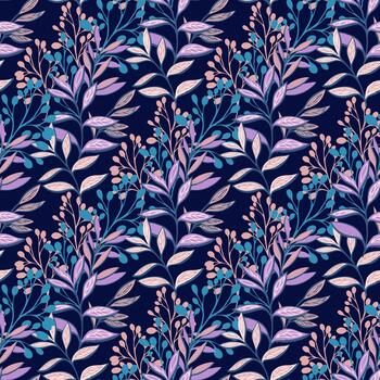 elegante sin costura modelo con estilizado frondoso ramas en suave púrpura, azul, y beige tonos en un oscuro antecedentes. Perfecto para textiles, envase papel, y moderno decoración vector