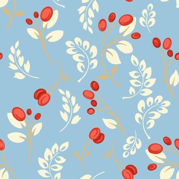 sin costura modelo presentando estilizado botánico ramas con cremoso hojas y brillante rojo bayas en un suave azul fondo, creando un alegre decorativo diseño para textiles y embalaje vector