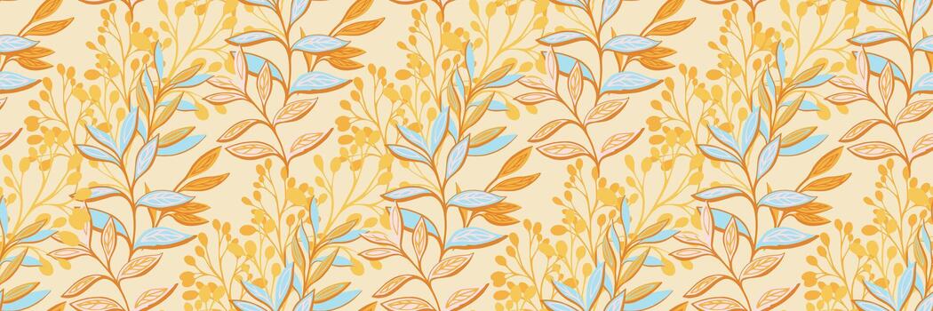 sin costura modelo presentando entrelazados botánico ramas con delicado hojas en calentar oro, suave rosa, y frio azul tonos, creando un elegante ornamental naturaleza inspirado diseño vector