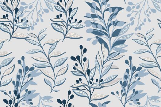 elegante sin costura modelo con estilizado frondoso ramas y delicado bayas en suave azul tonos en un ligero antecedentes. ideal para tela, papelería, embalaje, y moderno decoración vector