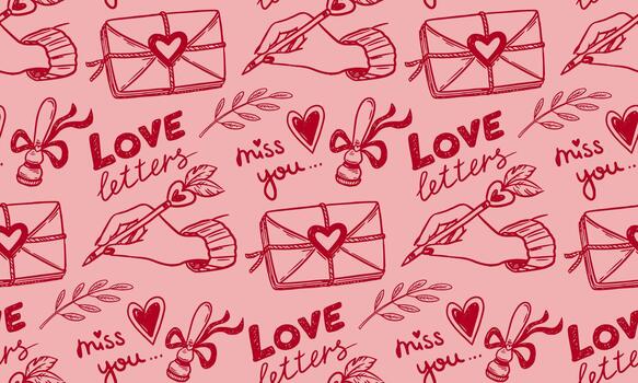 amor letra sin costura modelo con sobre y corazón en garabatear bosquejo estilo con mano dibujado línea Arte. rojo en rosado crea romántico Mira para enamorado día diseño. bonito para linda tarjeta antecedentes. vector