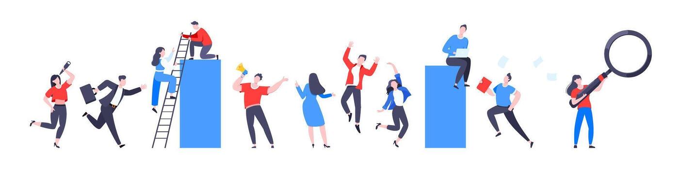 Teamwork concept tiny people characters working together business concepts elements set vector