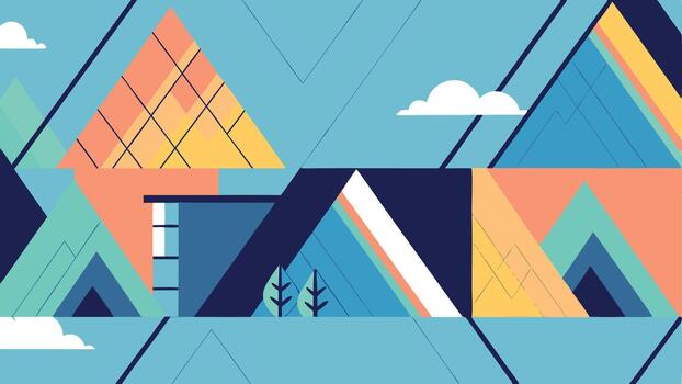 Colorful geometric illustration featuring abstract shapes and patterns, including mountains, trees, and clouds, creating a vibrant and modern landscape design with artistic flair vector
