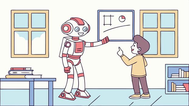 Robot character interacting with a young boy in a classroom setting, presenting data on a whiteboard, showcasing a blend of technology and education in a vibrant illustration vector