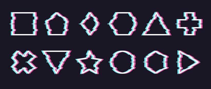 Glitch effect icons set. Collection of geometric shapes with glitch effect. Glitch of noise shapes. vector