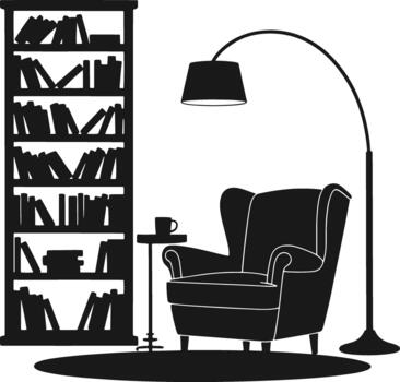 negro silueta de un alto estante para libros lleno con libros siguiente a un Sillón con un lado mesa y un piso lámpara vector