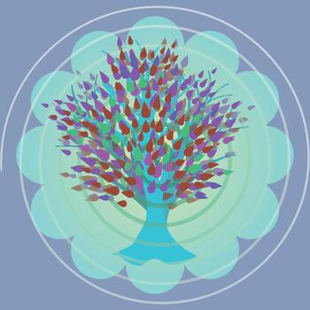 Abstract illustration of a colorful tree with teardrop-shaped leaves, surrounded by concentric circles on a soft blue background symbolic vector