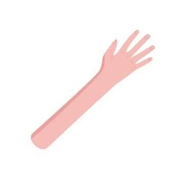 Cartoon style depiction of an open human hand with a raised arm and extended fingers. Gestural symbol suggests communication, connection, and expression. Flat abstract format, vibrant minimalism, vector