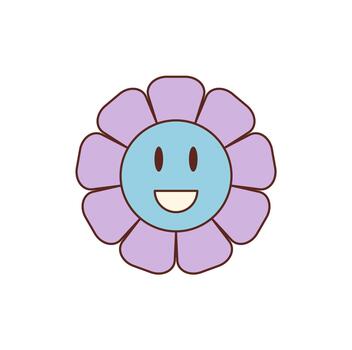 Groovy retro cartoon daisy sticker flower with bright smiley face and colorful patch. Smiley flower brings playful y2k charm as a cheerful groovy element in a fun illustration. vector