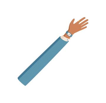 Open hand with open fingers in flat cartoon graphic style. Human arm with wristwatch and symbolic gesture. Colorful and abstract, ideal for creative, social, symbolic concepts. vector