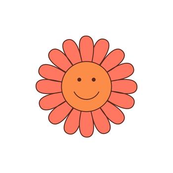 Groovy y2k flower sticker with cute cartoon smiley and colorful circle format. Bright happy element with retro aesthetic and fun, positive vibe. Ideal for playful sticker or badge uses. vector
