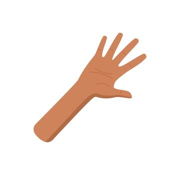 Flat cartoon graphic style hand showing five sticker. Human palm with bare fingers up expresses number five. Simple hand gesture illustration for math, counting, and educational visuals. vector