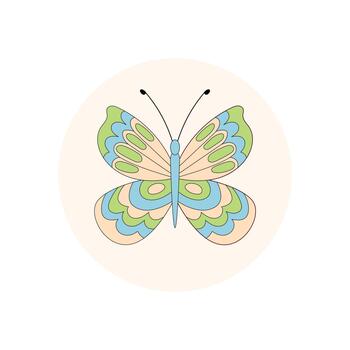 Groovy butterfly sticker in retro pastel with circle shape for lid label. Emblem for package with abstract nature pattern, trendy y2k look ideal product or box. vector