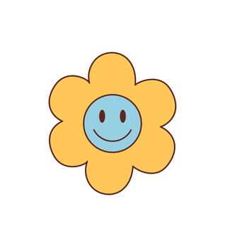 Groovy cartoon flower sticker in retro and y2k style with cute smiley, happy yellow and blue colors. Funky playful groovy element for cheerful pop decorative use. vector