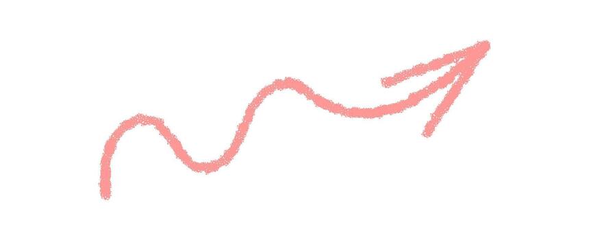 Wavy pastel pink arrow element in hand drawn chalk style. Crayon stroke creates a unique up arrow symbol as graphic accent. Ideal for creative uses with a light textured look. vector