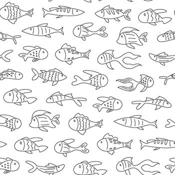 Seamless aquatic fish pattern in underwater style. Contour marine life with ocean creatures in a doodle outline. Classic underwater theme, versatile for backgrounds and decorative use. vector