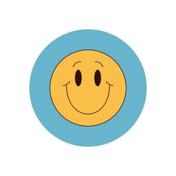 Groovy yellow smiley sticker forms a retro label badge with a round emblem style. Happy patch as playful y2k circle and lid, groovy element for fun product accent and creative seal. vector