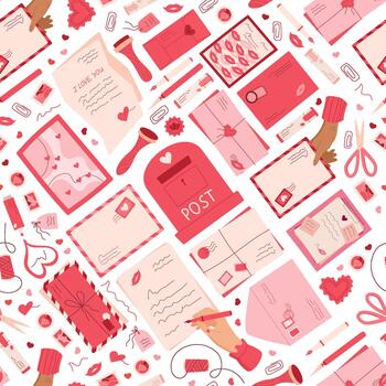 amor correo sin costura modelo garabatear antecedentes con corazón, sobre, Nota y tarjeta elementos. mensaje y buzón en sin costura antecedentes. Perfecto para correo temática papel o tarjeta creativo modelo. vector