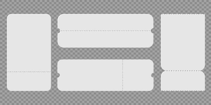 Blank ticket shapes set with perforated edges in different sizes, empty coupon templates for event passes, raffle cards and lottery design use vector