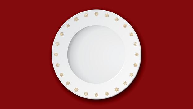 Top view of empty dish with golden snowflake decoration on red background vector