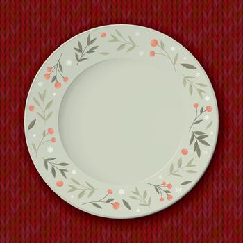 Top view of empty green dish with with holly berry and snowflake painted decoration on red background vector