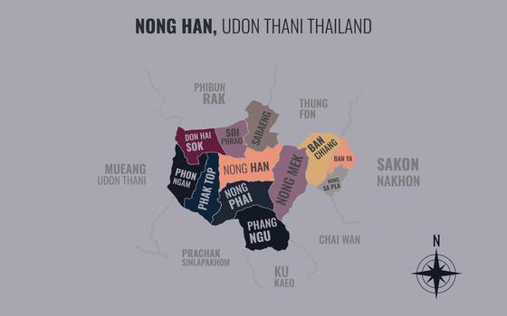 mapa demostración nong han distrito udon que yo Tailandia dividido dentro subdistritos con minimalista vistoso patrones vector
