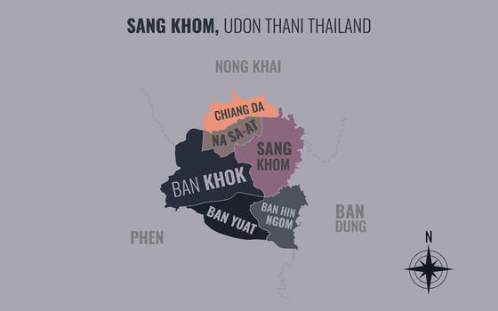 mapa demostración cantó khom distrito udon que yo Tailandia dividido dentro subdistritos con minimalista vistoso patrones vector