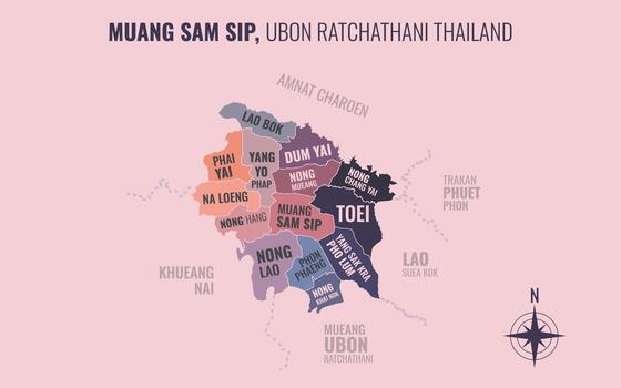 Map showing Muang Sam Sip District Ubon Ratchathani Thailand divided into sub-districts with minimalist colorful patterns vector