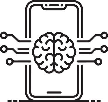 Conceptual line art showing a digital brain within a mobile phone, symbolizing smart technology, machine learning, and artificial intelligence advancements in portable devices vector