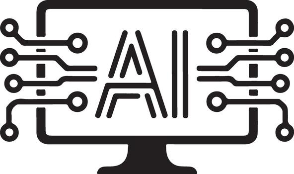 Conceptual illustration depicting a computer screen with 'AI' letters and circuit board elements, symbolizing artificial intelligence, machine learning, and advanced technological innovation vector