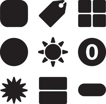 Collection of black interface icons representing various common shapes and symbols for digital design and web applications vector