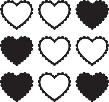 Collection of nine heart-shaped icons, featuring both silhouette and outline designs with decorative scalloped edges, perfect for digital or print applications vector
