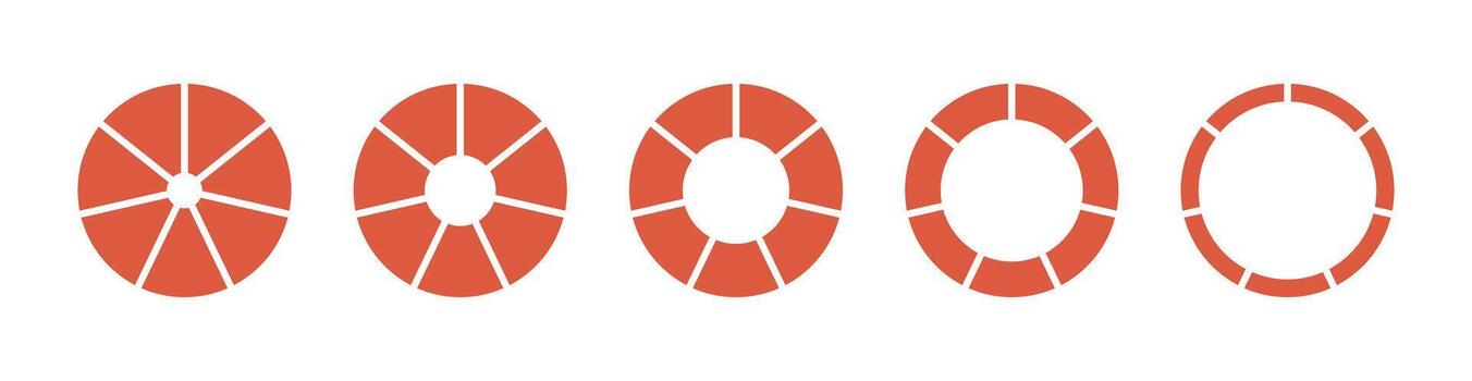 Set of Donuts charts, pies segmented on 7 equal parts. Wheels round divided in seven sections. Diagrams infographic templates. Circles section graph collection. Pie chart red icons. Geometric element. vector