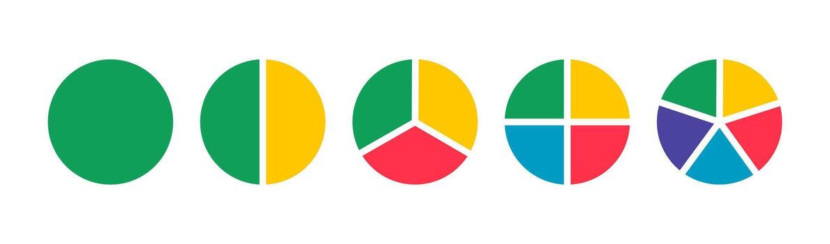 Pies segmented on from 1 to 5 equal parts. Donut charts. Pie, pizza chart round layout icons. Diagrams infographic multicoloured. Circle section graph. Wheels divided in sections. Loading bar mockup. vector