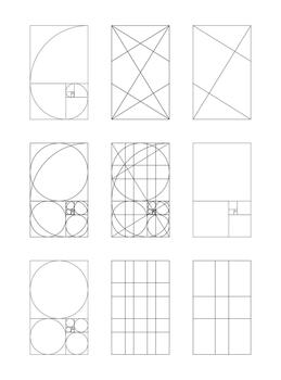 Golden ratio template collection. Fibonacci array, numbers. Method golden section flat icons. Set of Harmony proportions frames isolated on a white background. Outline black thin graphic illustration. vector