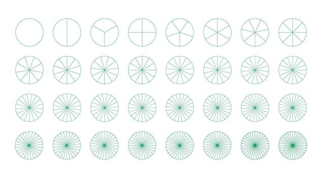 Segmented charts from 1 to 32 collection. Set of pie, pizza charts templates. Many number of sectors divide the circle on equal parts. Outline green graphics icon. Segments infographic. Diagram wheels vector