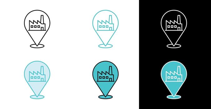 Factory location pin icon for industrial map and business navigation in line and fill style vector