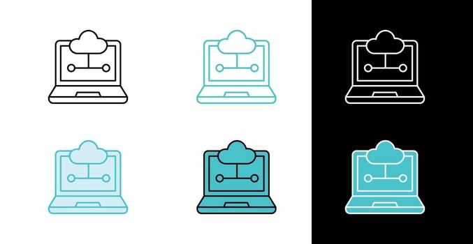 Cloud computing laptop icon for data network and online storage in line and fill style vector