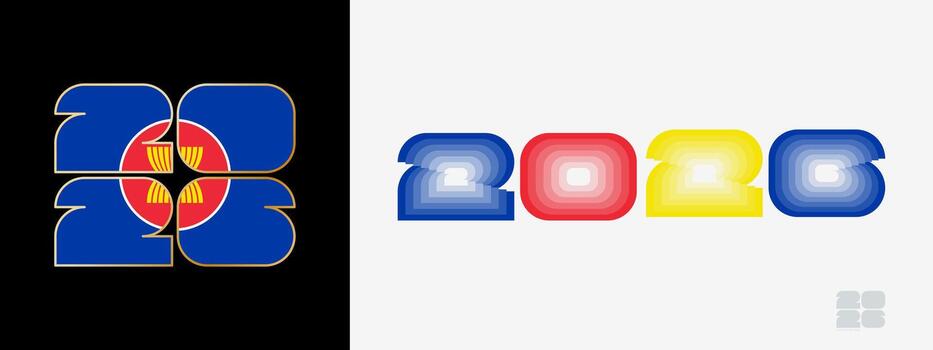 Year 2026 with flag of ASEAN and in color palate of ASEAN flag. Happy New Year 2026 in two different style. vector