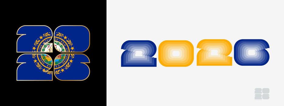 Year 2026 with flag of New Hampshire and in color palate of New Hampshire flag. Happy New Year 2026 in two different style. vector