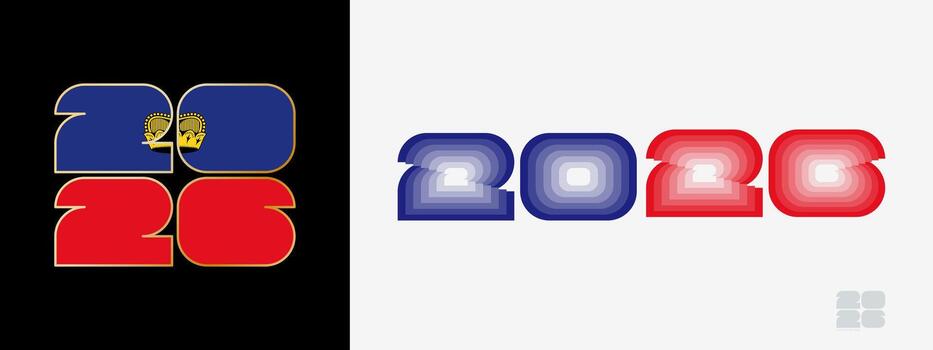 Year 2026 with flag of Liechtenstein and in color palate of Liechtenstein flag. Happy New Year 2026 in two different style. vector