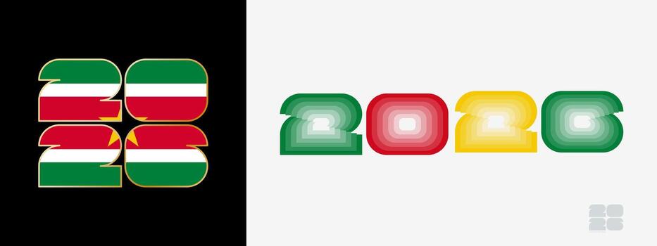 Year 2026 with flag of Suriname and in color palate of Suriname flag. Happy New Year 2026 in two different style. vector