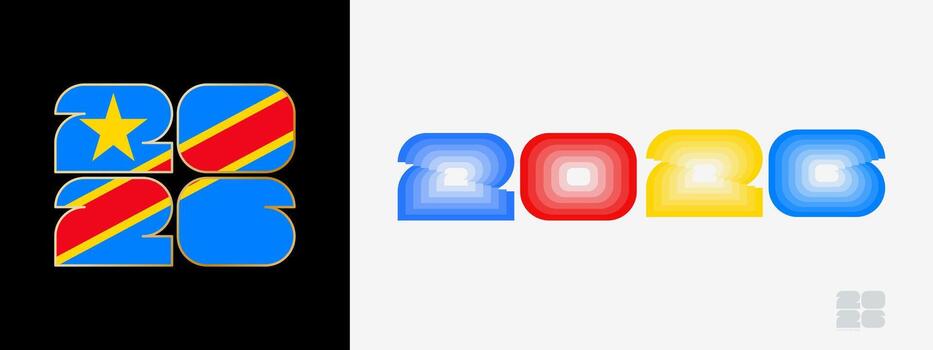 Year 2026 with flag of DR Congo and in color palate of DR Congo flag. Happy New Year 2026 in two different style. vector