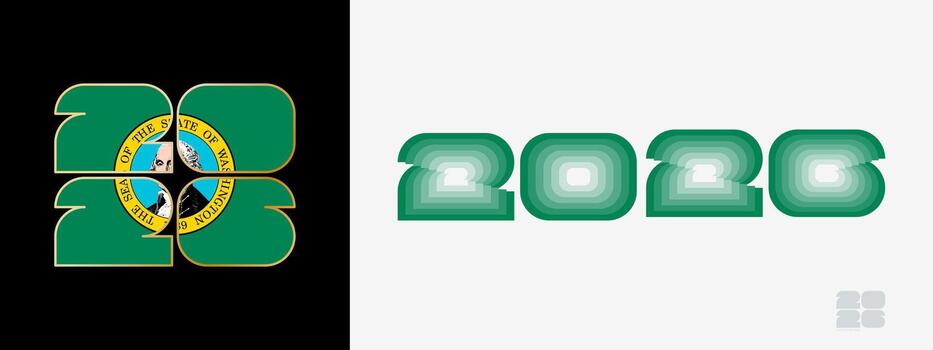 Year 2026 with flag of Washington and in color palate of Washington flag. Happy New Year 2026 in two different style. vector