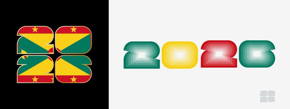 Year 2026 with flag of Grenada and in color palate of Grenada flag. Happy New Year 2026 in two different style. vector