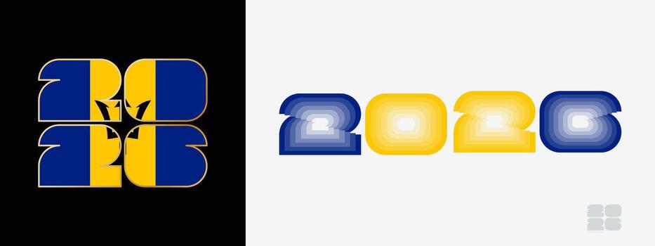 Year 2026 with flag of Barbados and in color palate of Barbados flag. Happy New Year 2026 in two different style. vector