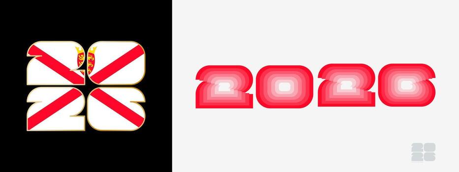 Year 2026 with flag of Jersey and in color palate of Jersey flag. Happy New Year 2026 in two different style. vector