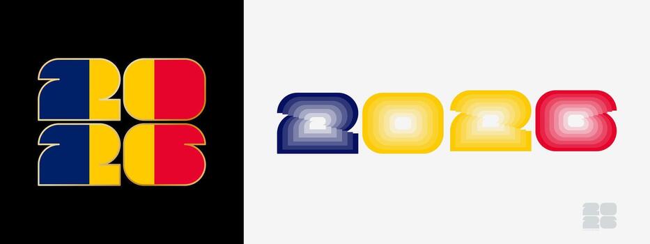 Year 2026 with flag of Chad and in color palate of Chad flag. Happy New Year 2026 in two different style. vector